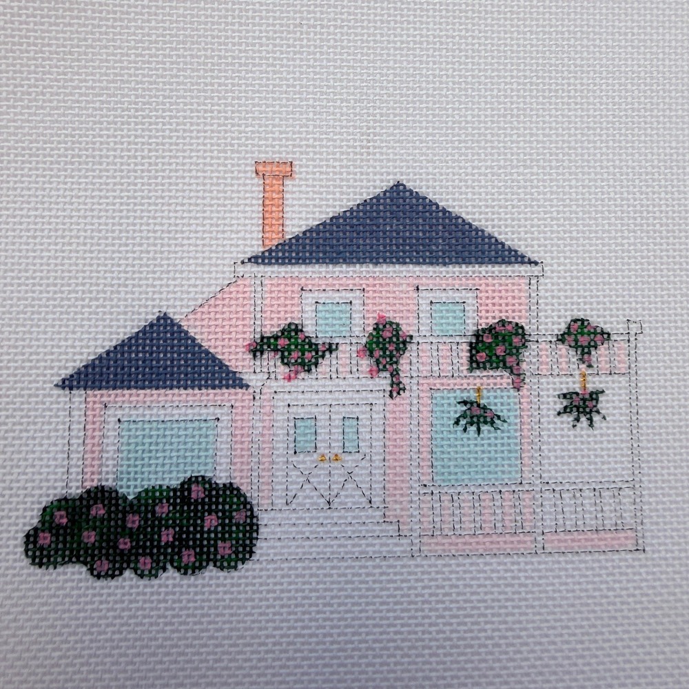 June McKnight Needlepoint Mission Ranch Farmhouse Canvas Pink Blue Vintage
